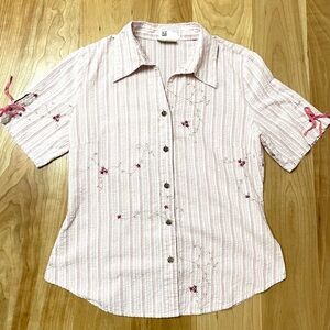 Landhaus C&A Naturally S Pink Striped Button-Up Shirt with Floral Embroidery Bow
